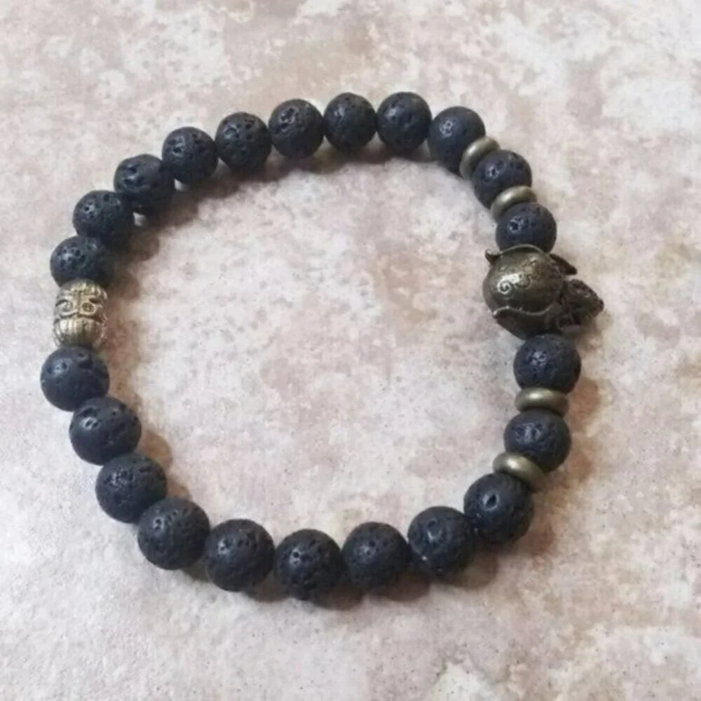 Alien Warrior Skull + Lava Rock Beads! Rugged Men's Bracelet! Biker Rocker Punk
